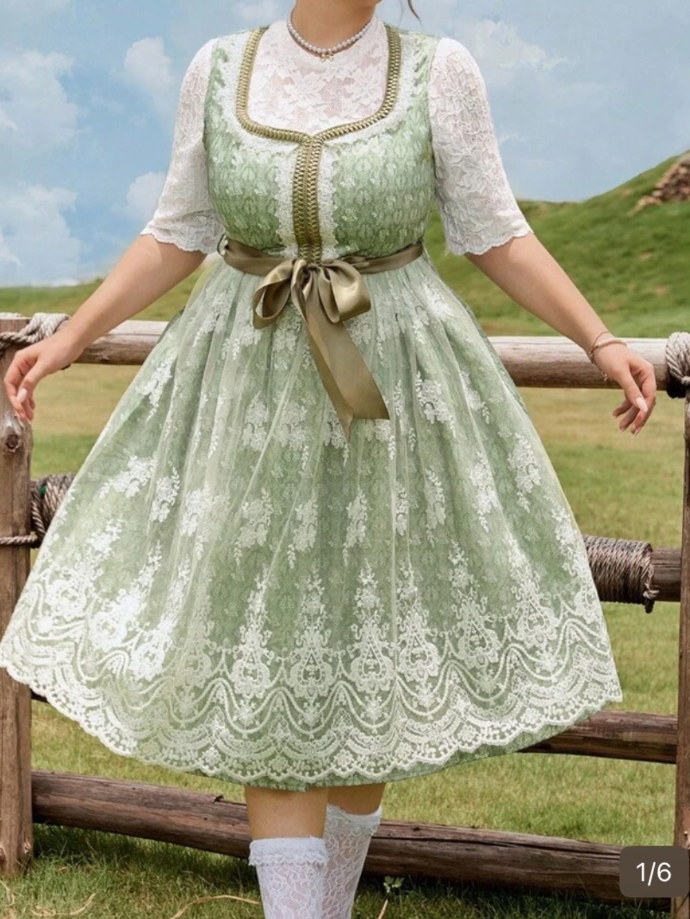 New without Tags. Lace Overlay Sage Green A-Line Dress with Satin Bow Dirndl